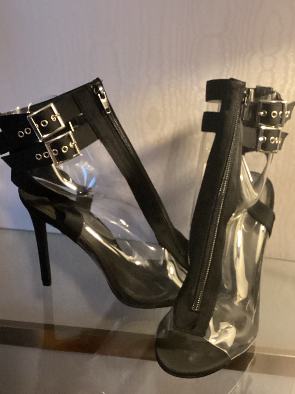 Clear and Black PVC Stiletto Heels with Dual Buckle Ankle Straps Sz 9.